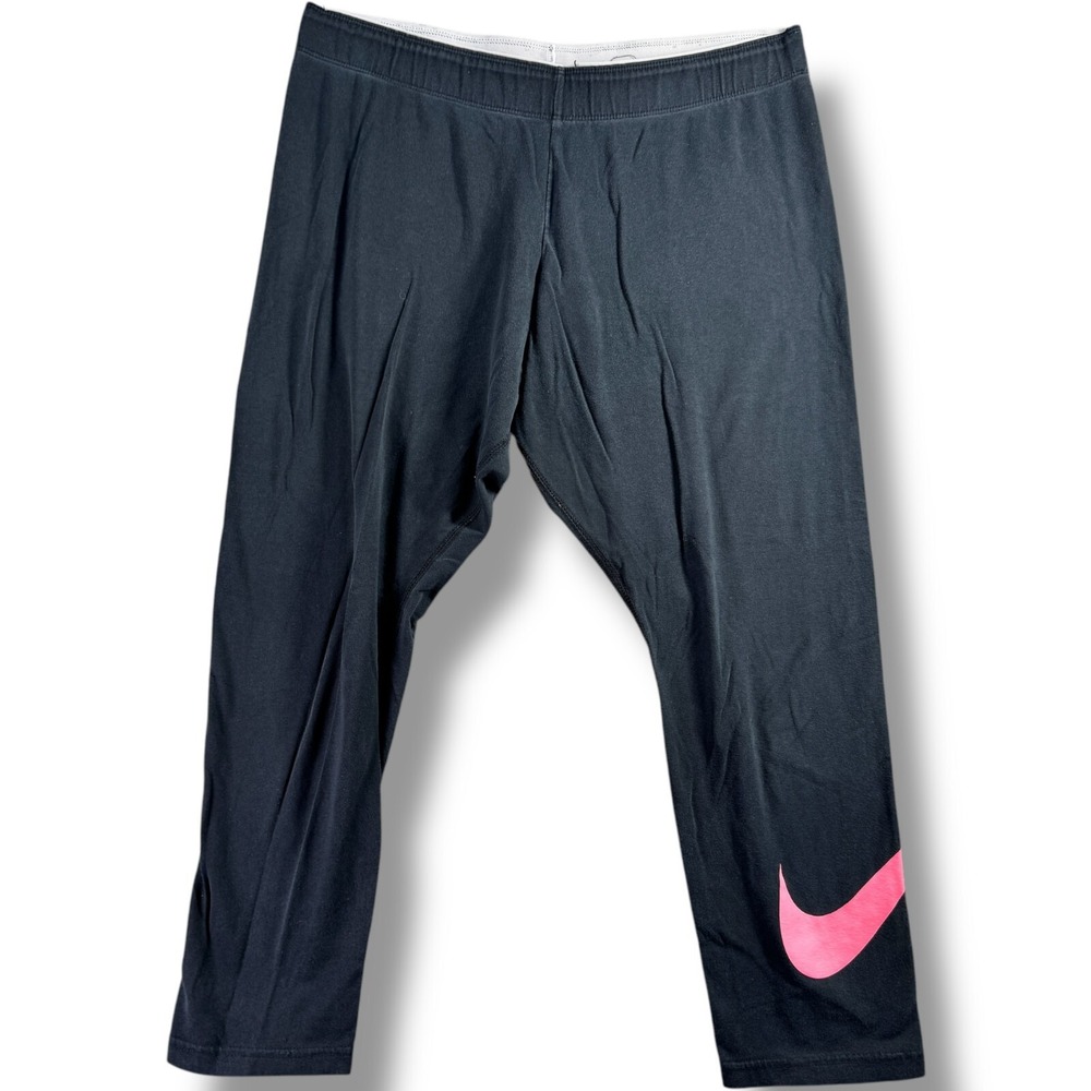 Nike Black Leggings Girls Large L Tight Fit Sportswear‎ Pink Logo Blue Tag